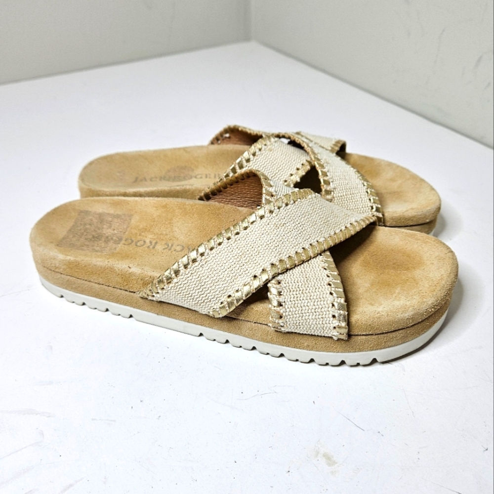 Jack Rogers Platform Slides Sandals Lexi Crisscross Linen Gold Suede Insole 7.5